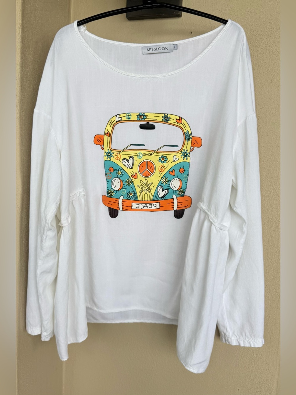MISSLOOK Long Sleeve White Top VW Peace Van Graphic Cotton Pullover Boat Neck LG